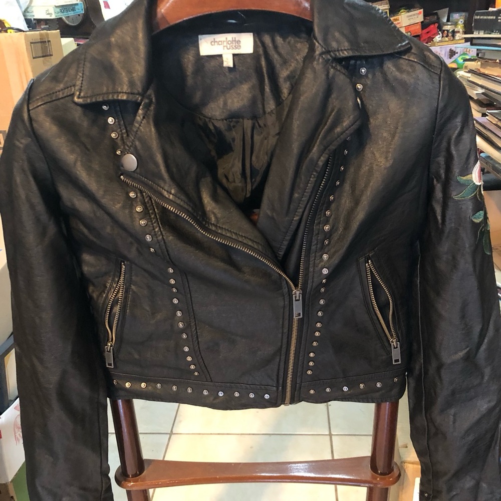 Charlotte Russe Embroidered Black Faux Leather Jacket with Studs